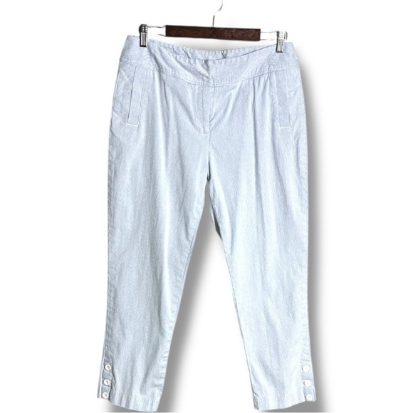 Rafaella Pants - Rafaella Blue and White Pinstriped High Rise Cropped Capri Trousers with Buttons